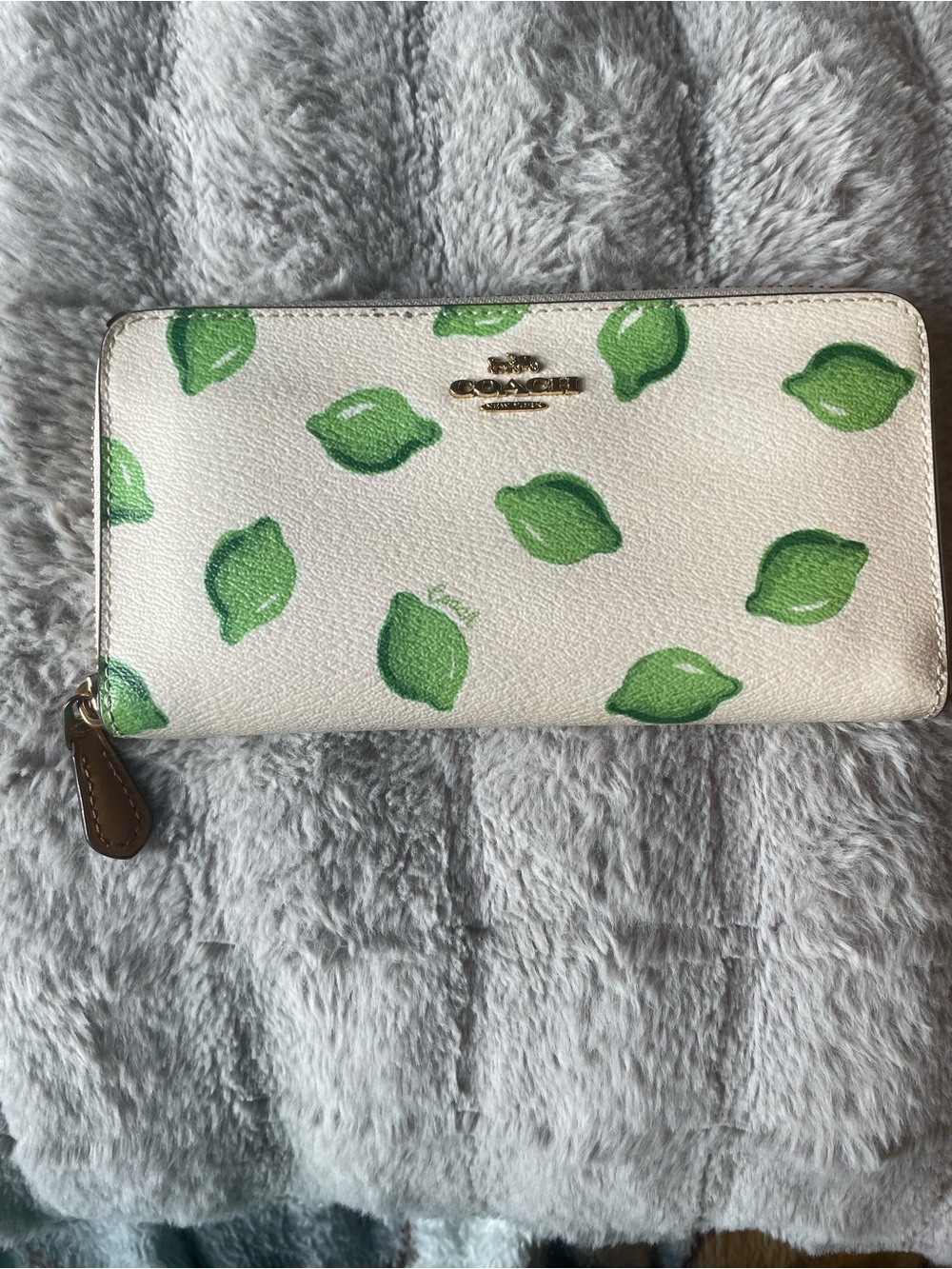 Coach White Long Zip Wallet with Green Lime Print